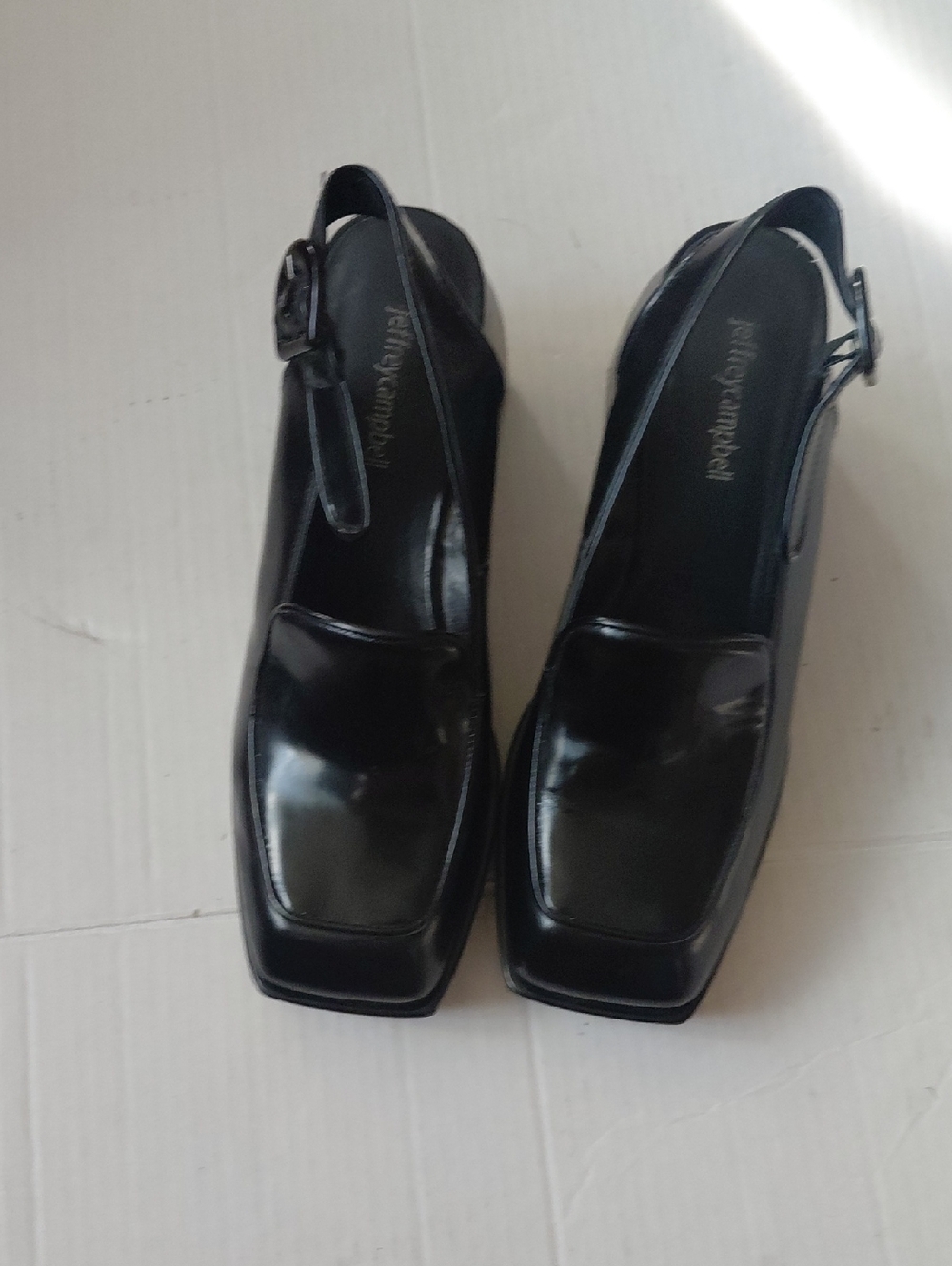 Jeffrey Campbell Sz 9.5 Women's Black Patent Leather Square-Toe Slingback Heels